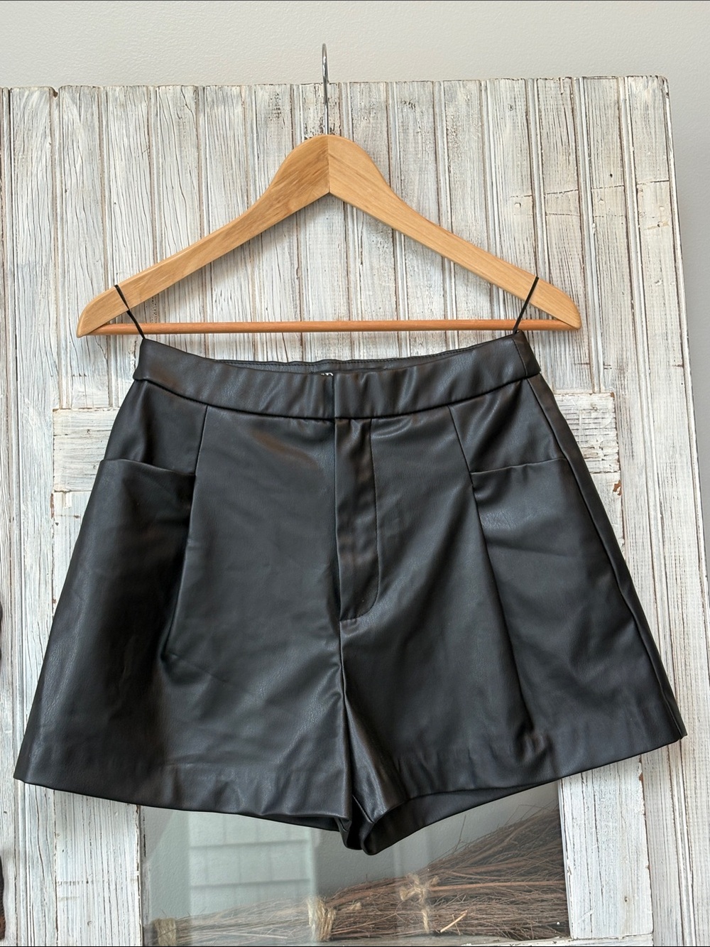 ZARA Faux Leather High-Waist Shorts Black Size S Waist is 13.5